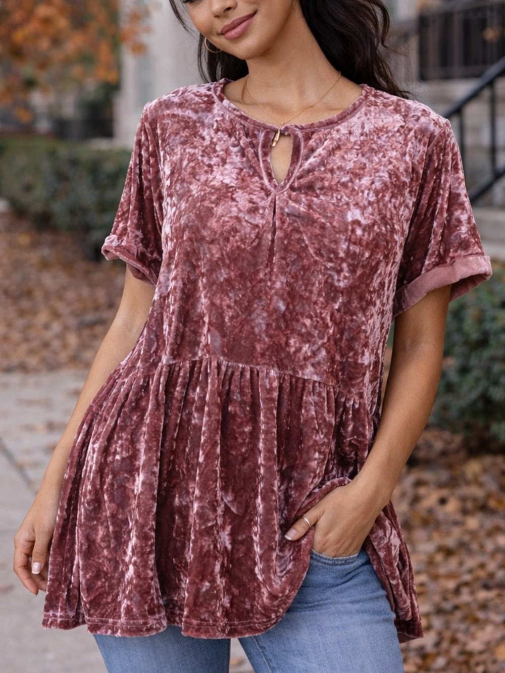 Altar’d State Crushed Velvet Tunic Top Pink Mauve Babydoll Short Sleeve